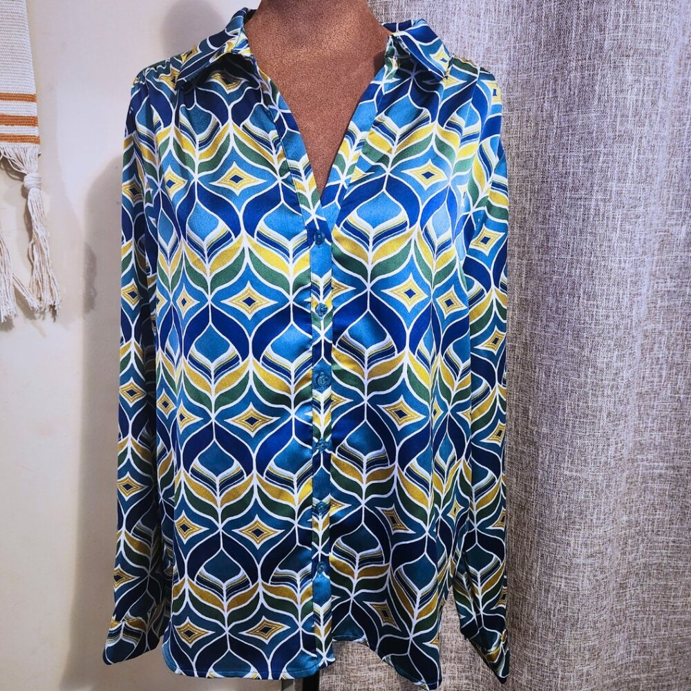 Pleione Blue Retro Print Button Down Silky Long Sleeve Top | Boho Chic | Size L